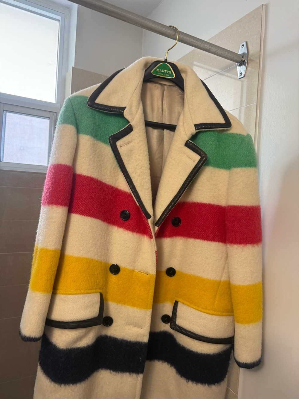 Hudson Bay Striped Wool Blend Double-Breasted Coat
